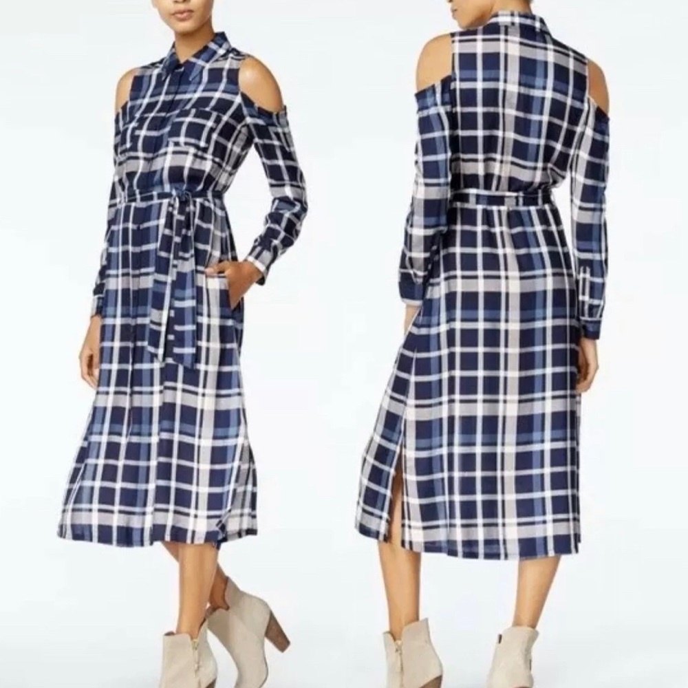 NWT Maison Jules plaid Munich dress cold shoulder